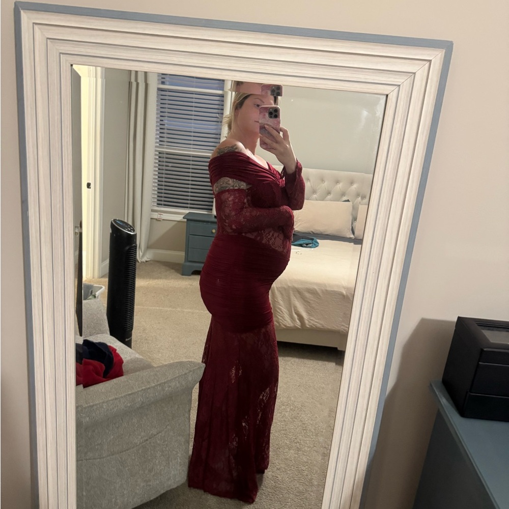 Elegant Red Lace Off-Shoulder Maternity Dress
